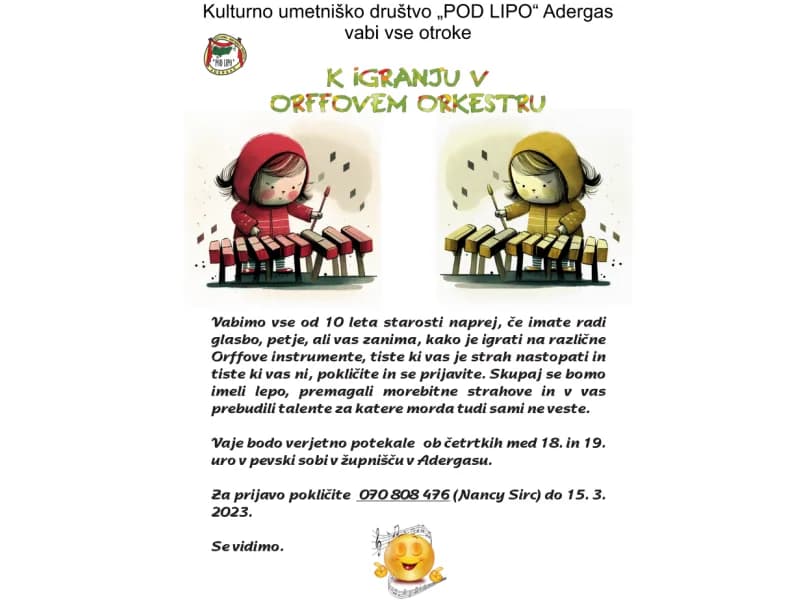 Vabilo za otroke k igranju v ORFFOVEM ORKESTRU.