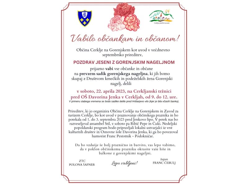 VABILO na prevzem sadik gorenjskega nageljna