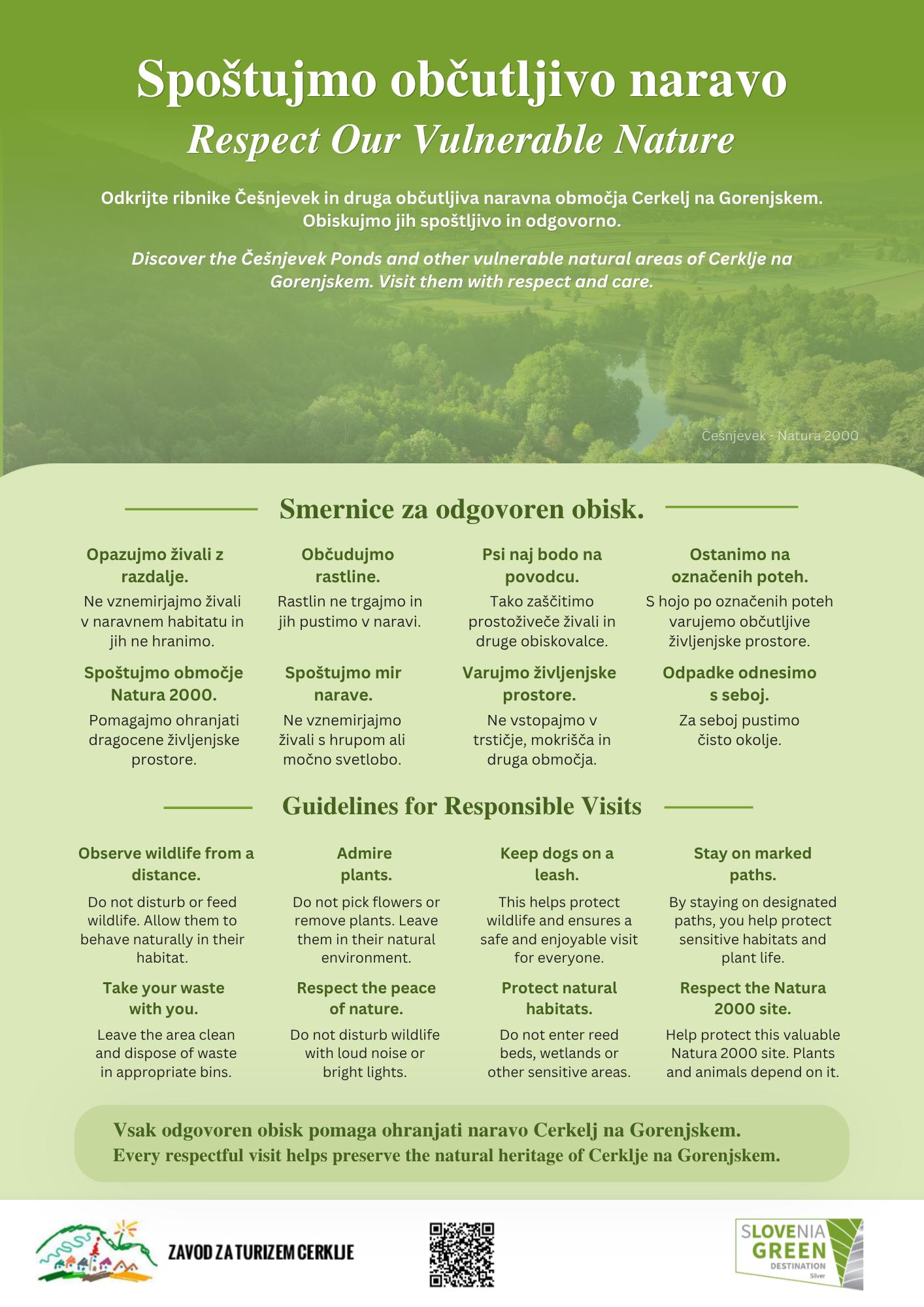 Infografika: Spoštujmo občutljivo naravo – smernice za odgovoren obisk, ribniki Češnjevek, Natura 2000